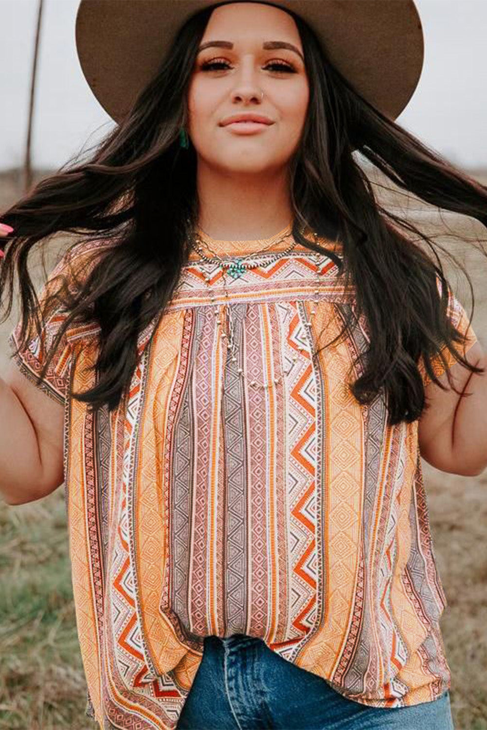Multicolor Tribal Geometric Print Plus Size Short Sleeve Top