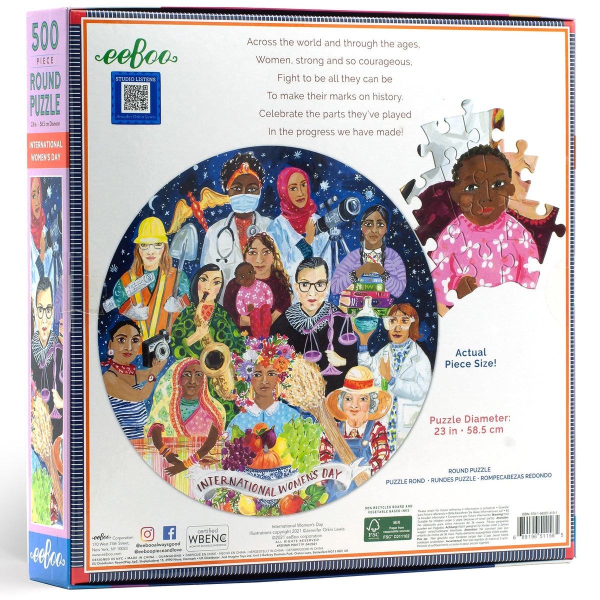 eeBoo 500-Piece Round Puzzle for International Women's Day – 23-Inch Diameter, Recycled Board, Vegetable-Based Ink