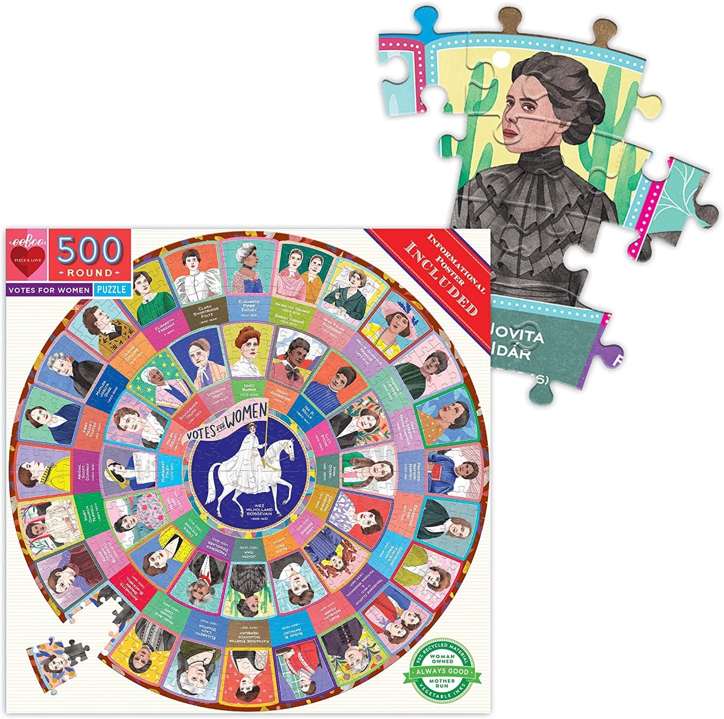 eeBoo 500-Piece Votes for Women Round Puzzle — 23-Inch Circle, Recycled Materials