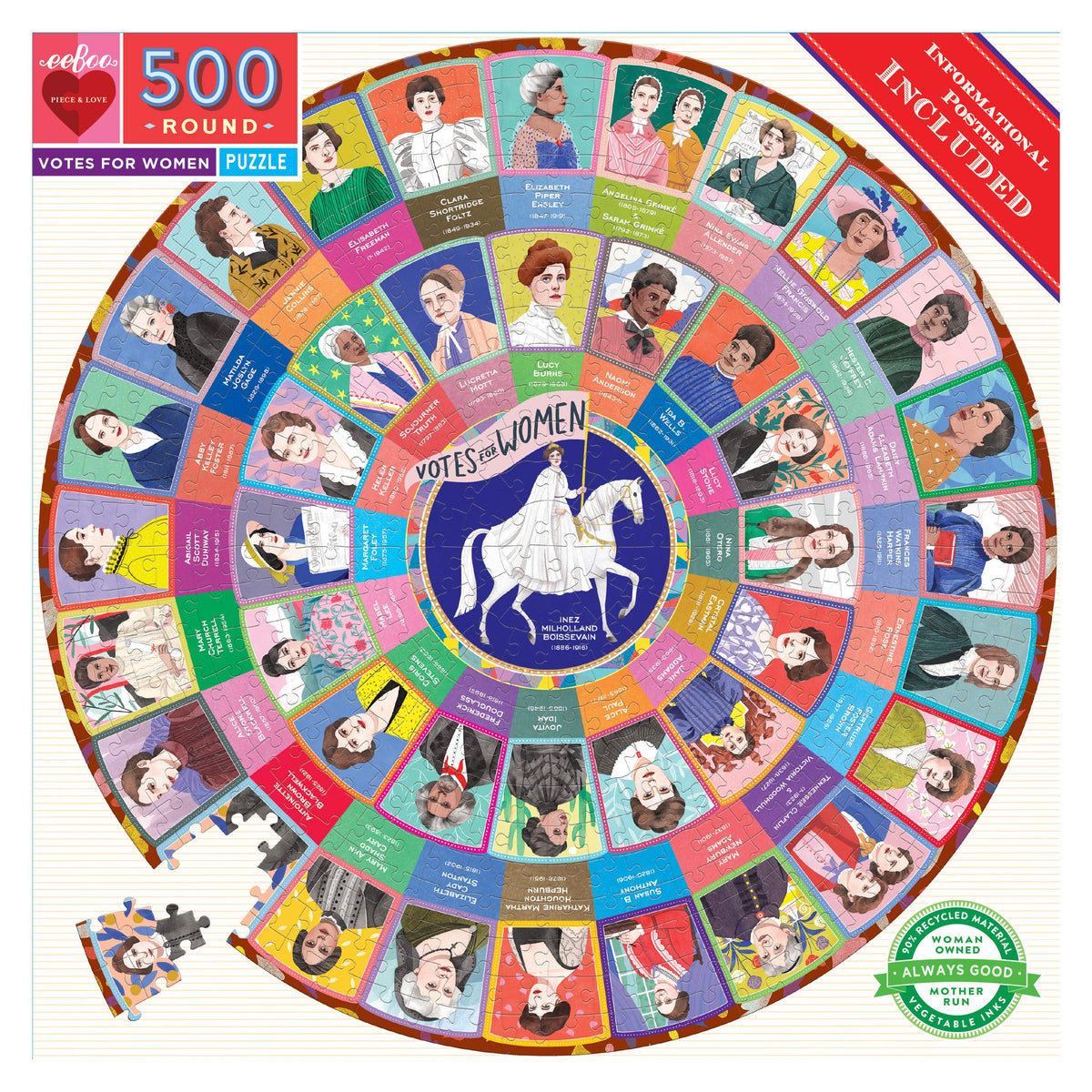 eeBoo 500-Piece Votes for Women Round Puzzle — 23-Inch Circle, Recycled Materials
