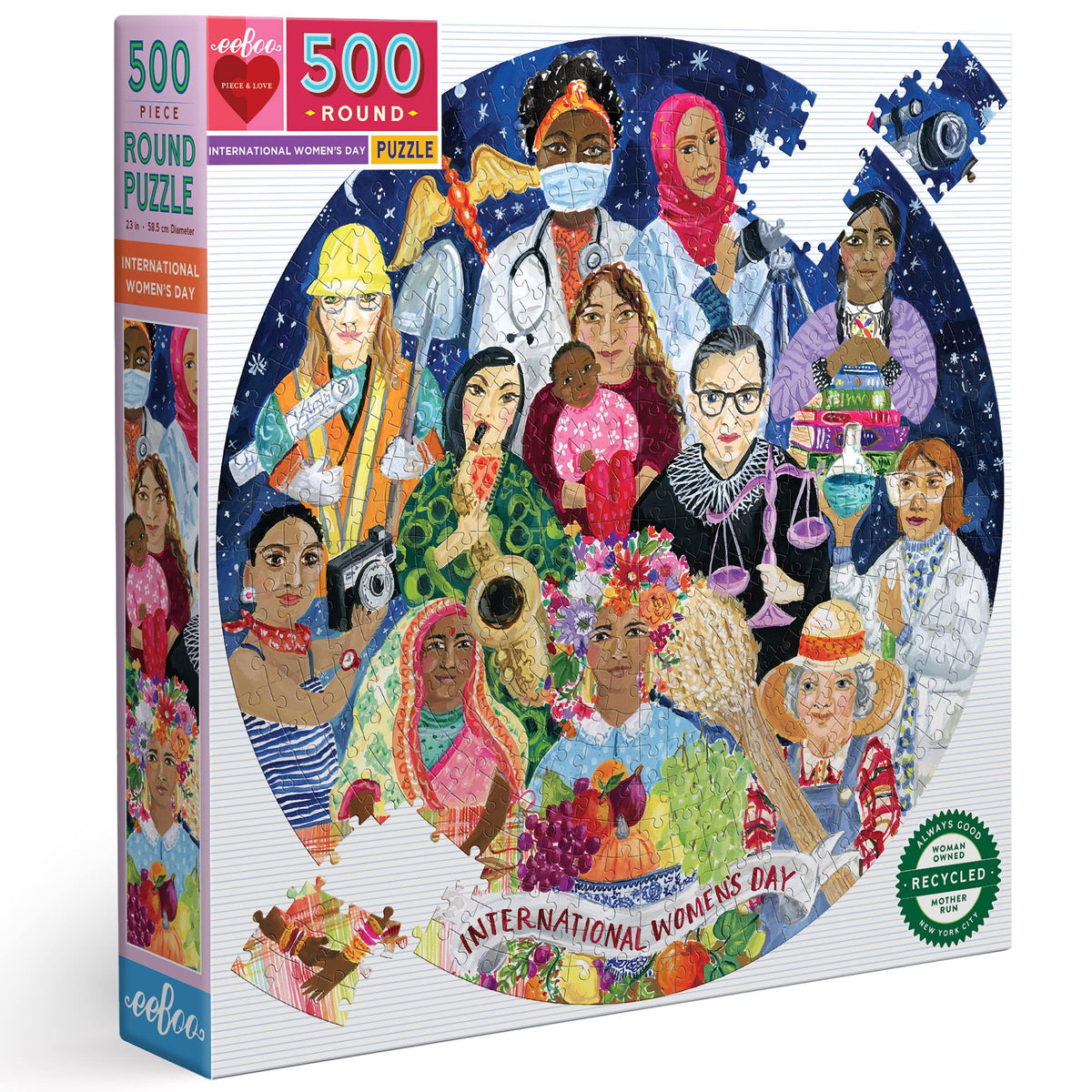 eeBoo 500-Piece Round Puzzle for International Women's Day – 23-Inch Diameter, Recycled Board, Vegetable-Based Ink