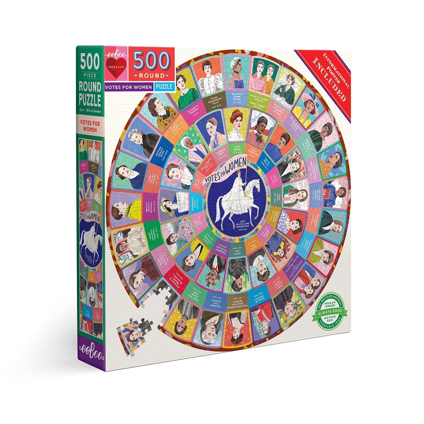 eeBoo 500-Piece Votes for Women Round Puzzle — 23-Inch Circle, Recycled Materials