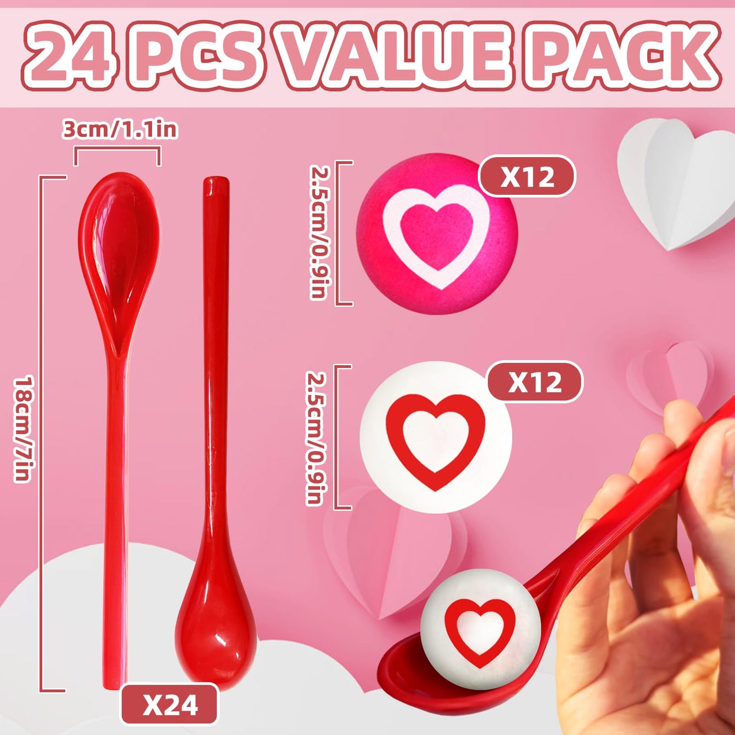 Eerrhhaq Valentine Spoon Relay Race Set – 24 Pack Heart Ball Game for Kids & Adults