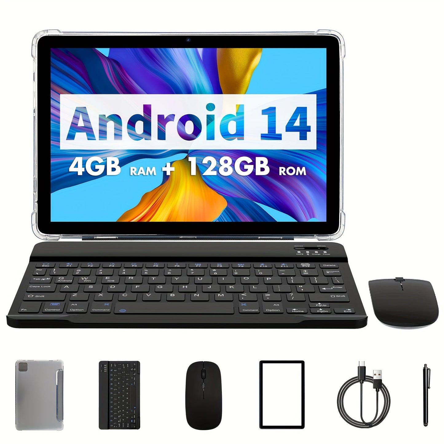 25.65 cm Tablet Android 14, 2-in-1 Tablet with Keyboard, Mouse, Case, Stylus, 128GB ROM + 8GB RAM Extended, Dual 8MP Camera, Octa-Core, 8000mAh, 1280x800 IPS Display, Wi-Fi 6, Google Certified