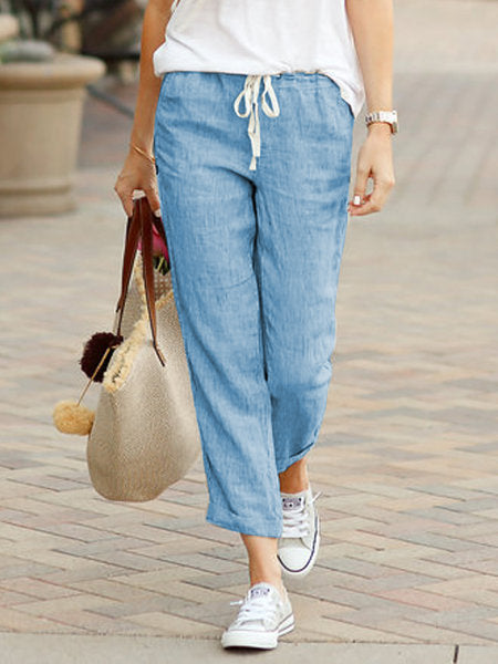 New Solid Color Loose Casual Drawstring Elastic Waist Cotton Linen Cropped Pants