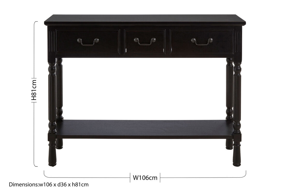 Vintage Black Pine Wood Three-Drawer Console Table with Bottom Storage Shelf and Carved Spindle Legs, Heritage