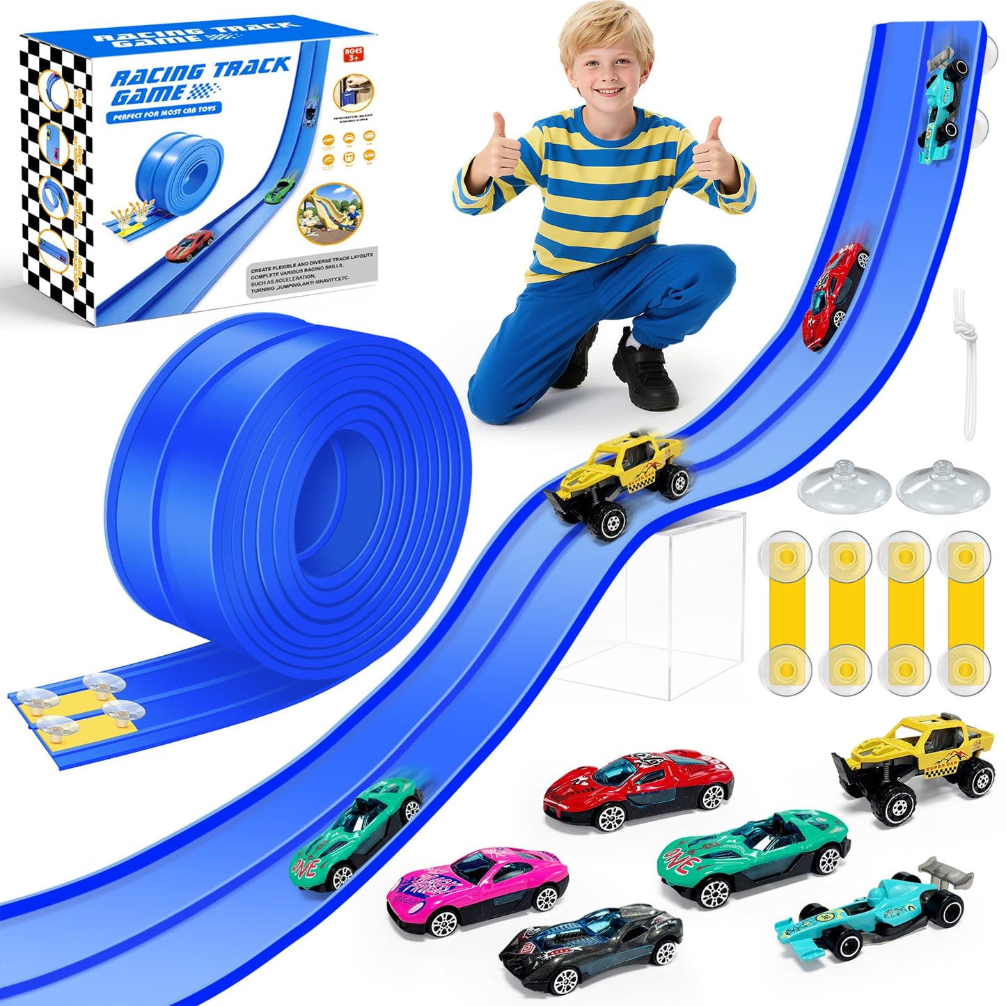EFCRBS 15Ft Flex Track – Portable Dual-Lane Race Track for 1/64 Diecast Cars (Blue)