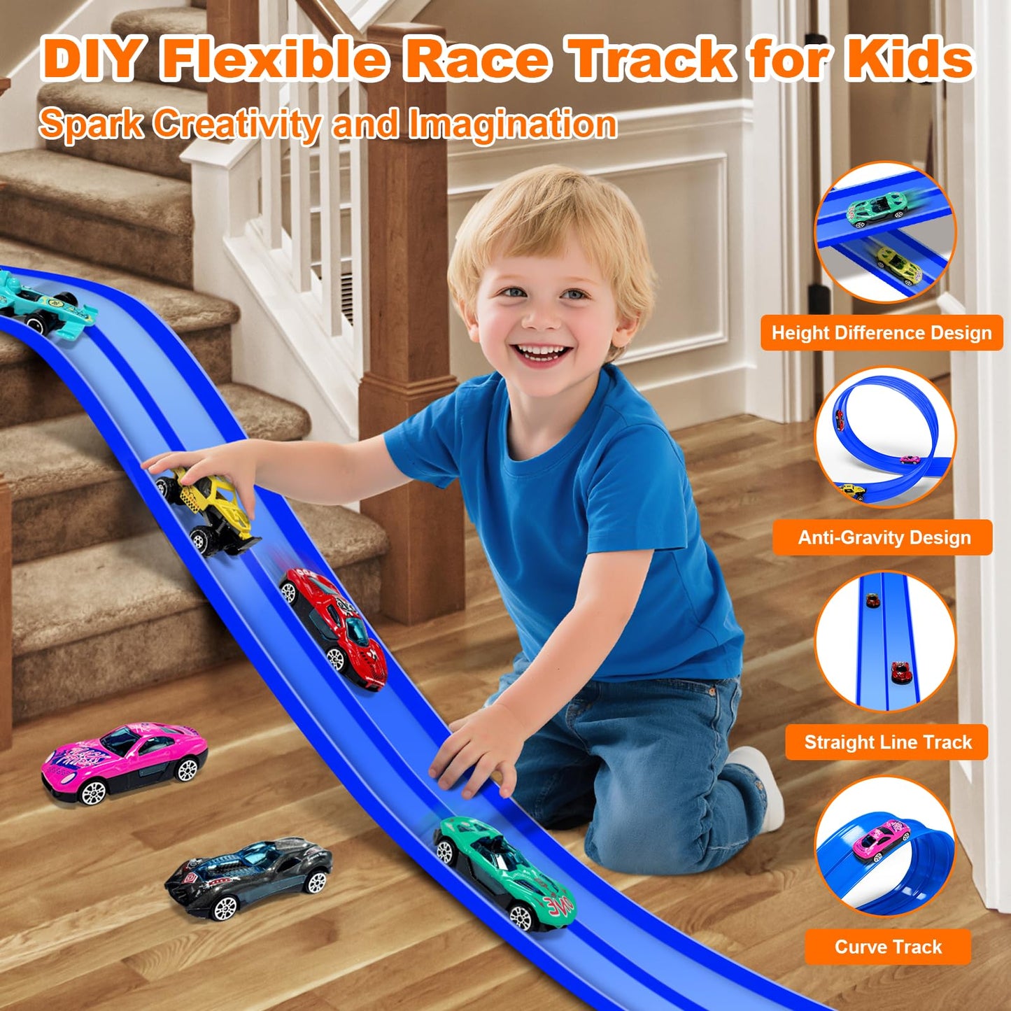 EFCRBS 15Ft Flex Track – Portable Dual-Lane Race Track for 1/64 Diecast Cars (Blue)
