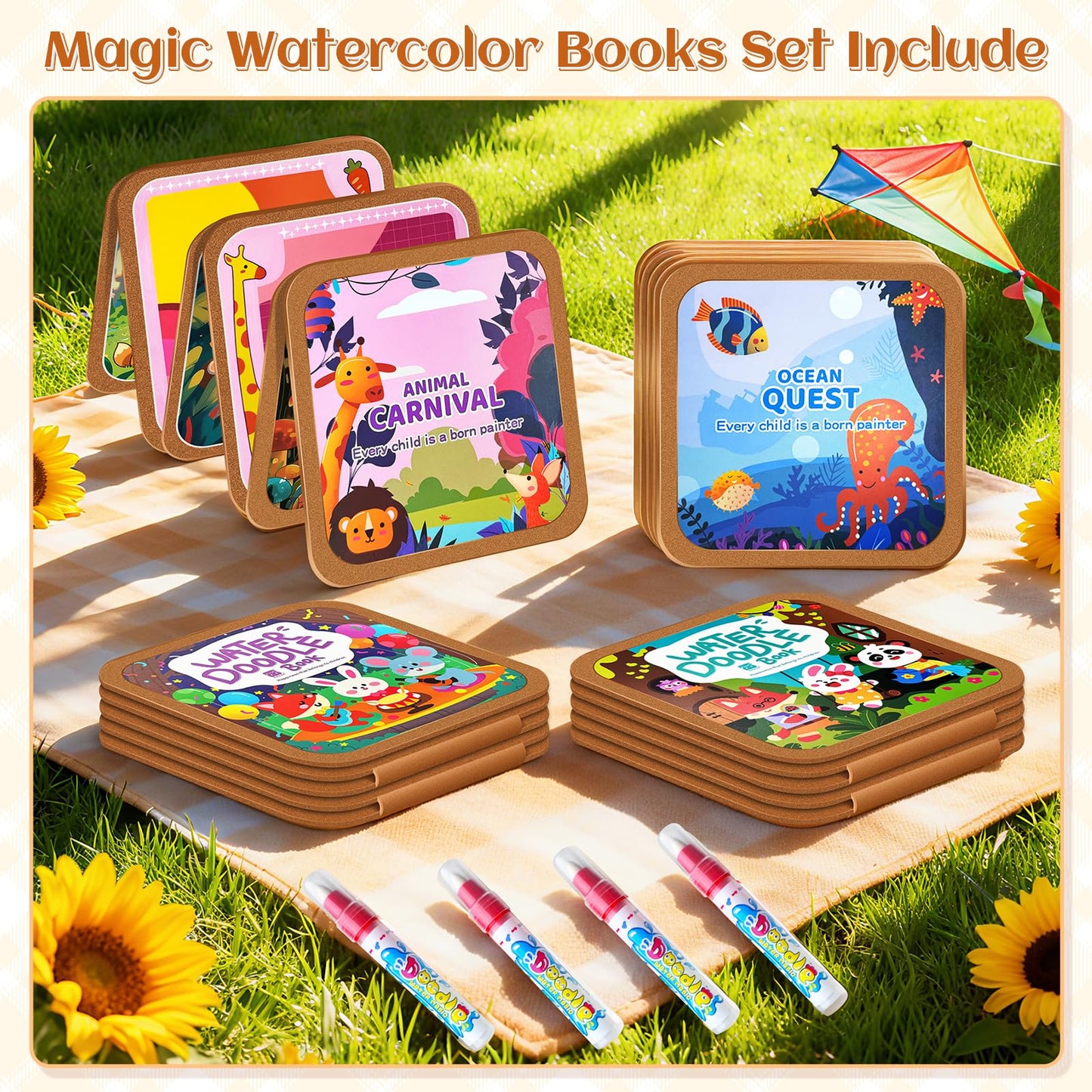 EFCRBS Reusable Water Painting Books for Kids – 4 Pack with Water Pens (Animal, Ocean, Fairy Tales)