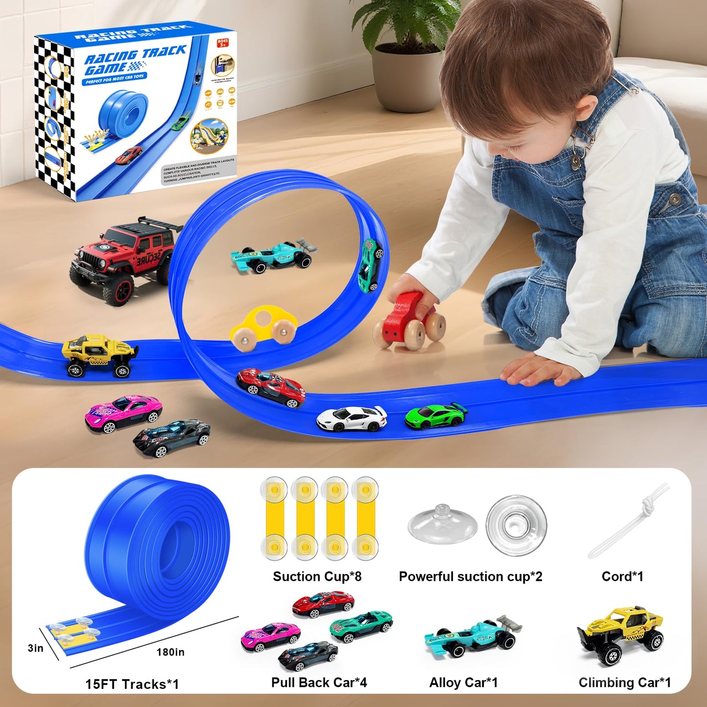 EFCRBS 15Ft Flex Track – Portable Dual-Lane Race Track for 1/64 Diecast Cars (Blue)