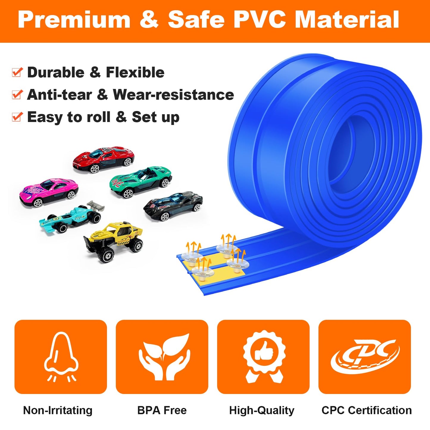 EFCRBS 15Ft Flex Track – Portable Dual-Lane Race Track for 1/64 Diecast Cars (Blue)