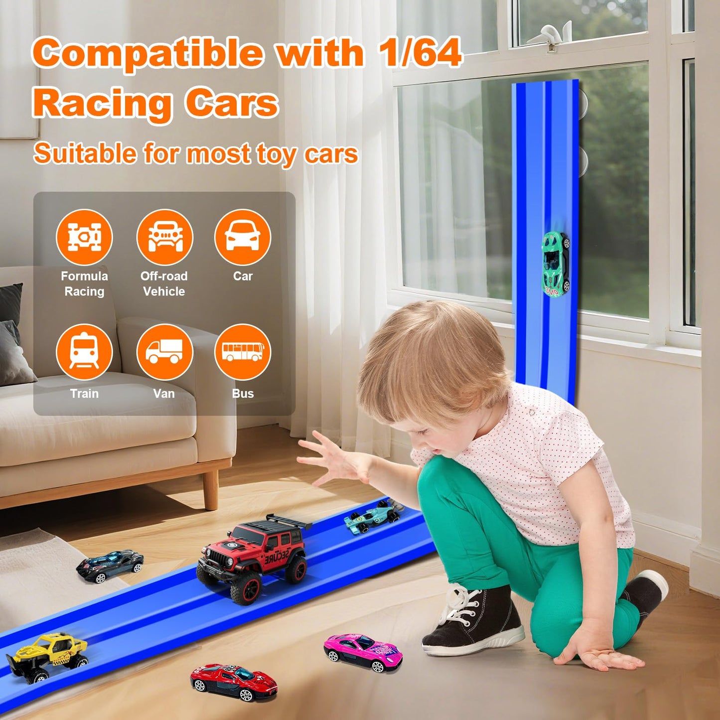 EFCRBS 15Ft Flex Track – Portable Dual-Lane Race Track for 1/64 Diecast Cars (Blue)