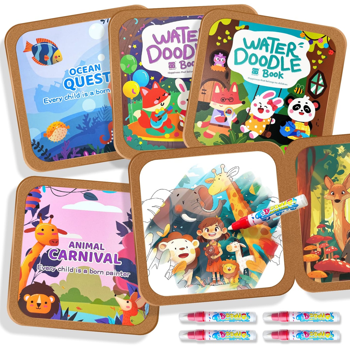 EFCRBS Reusable Water Painting Books for Kids – 4 Pack with Water Pens (Animal, Ocean, Fairy Tales)