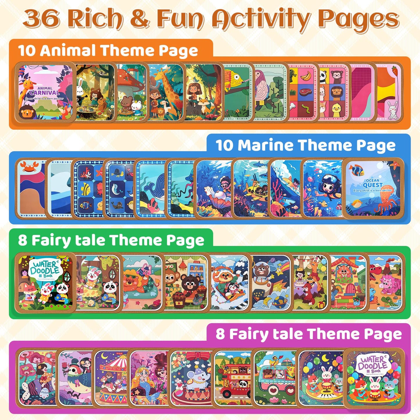 EFCRBS Reusable Water Painting Books for Kids – 4 Pack with Water Pens (Animal, Ocean, Fairy Tales)