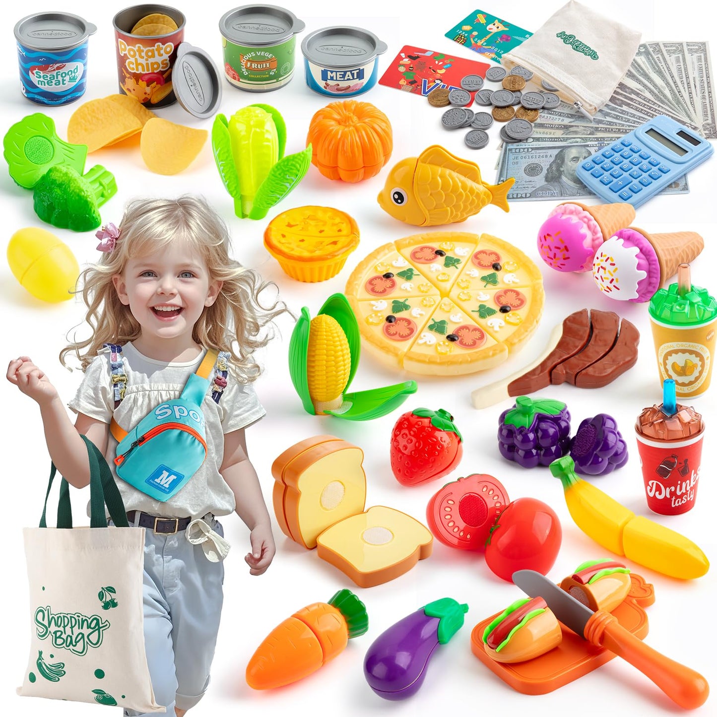 EFO SHM 68-Piece Play Food Set for Kids | Grocery Store Toy Food with Bags & Calculator
