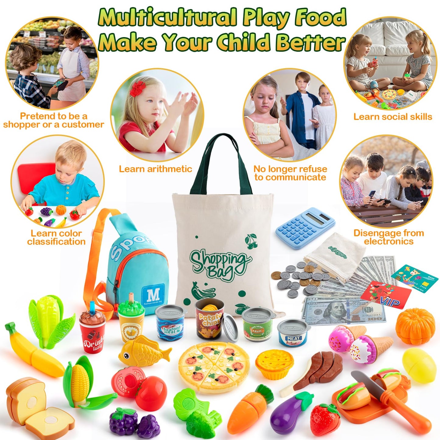 EFO SHM 68-Piece Play Food Set for Kids | Grocery Store Toy Food with Bags & Calculator