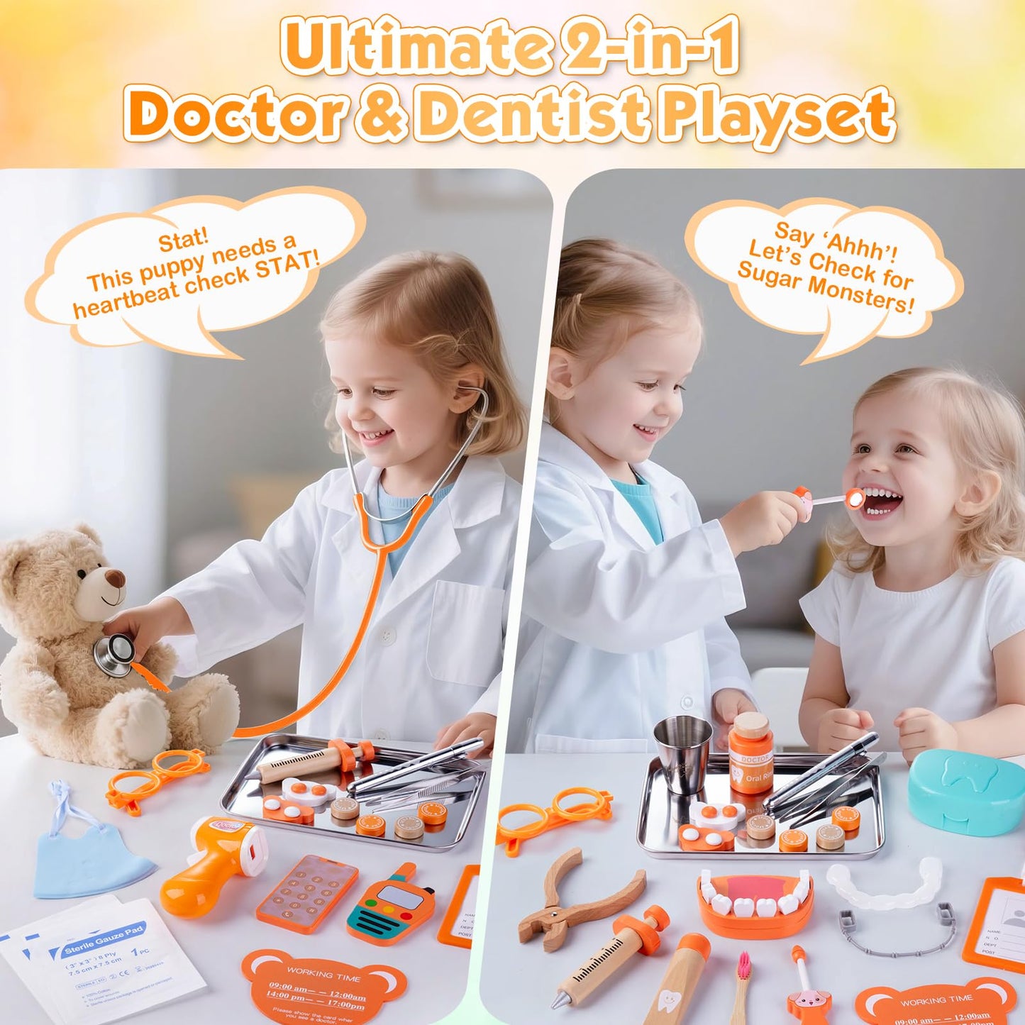 EFO SHM Dentist Play Set for Kids 3-5 — Wooden Doctor Kit, 33 Pcs, Stethoscope & Braces