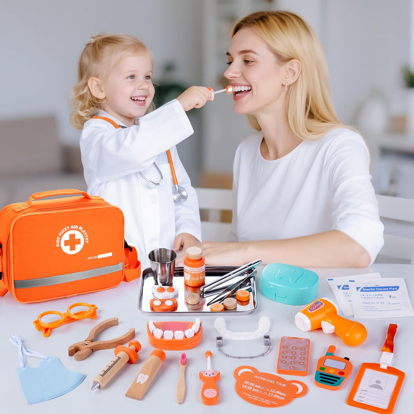 EFO SHM Dentist Play Set for Kids 3-5 — Wooden Doctor Kit, 33 Pcs, Stethoscope & Braces