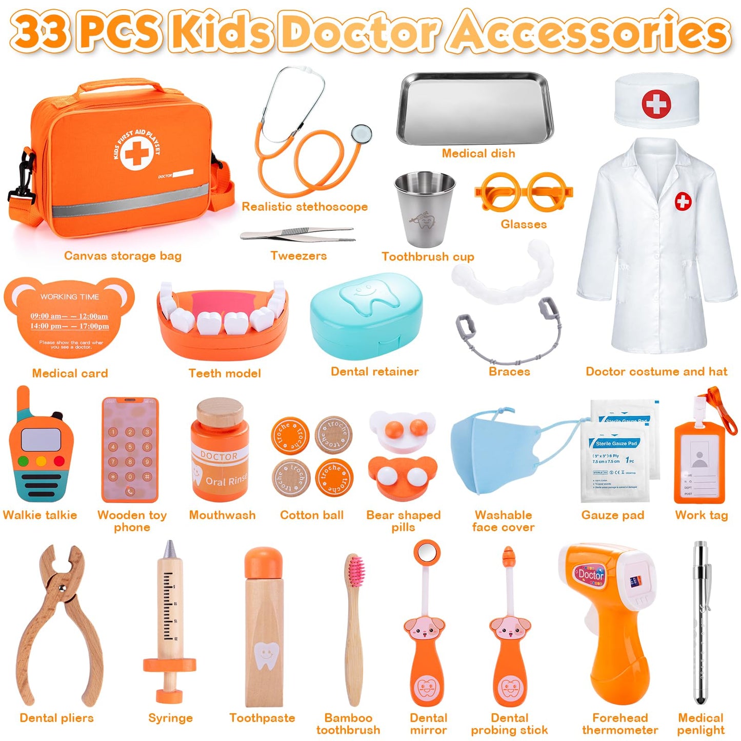 EFO SHM Dentist Play Set for Kids 3-5 — Wooden Doctor Kit, 33 Pcs, Stethoscope & Braces