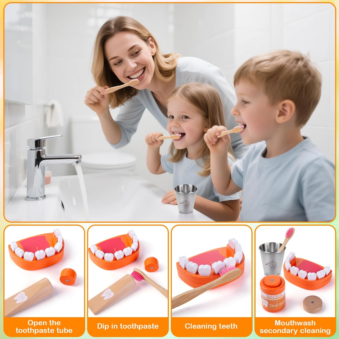 EFO SHM Dentist Play Set for Kids 3-5 — Wooden Doctor Kit, 33 Pcs, Stethoscope & Braces