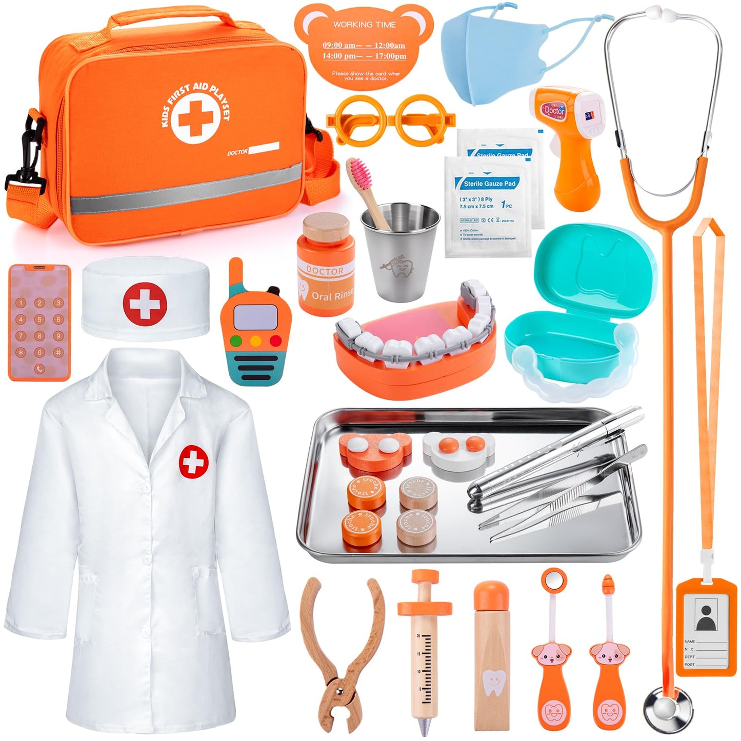 EFO SHM Dentist Play Set for Kids 3-5 — Wooden Doctor Kit, 33 Pcs, Stethoscope & Braces