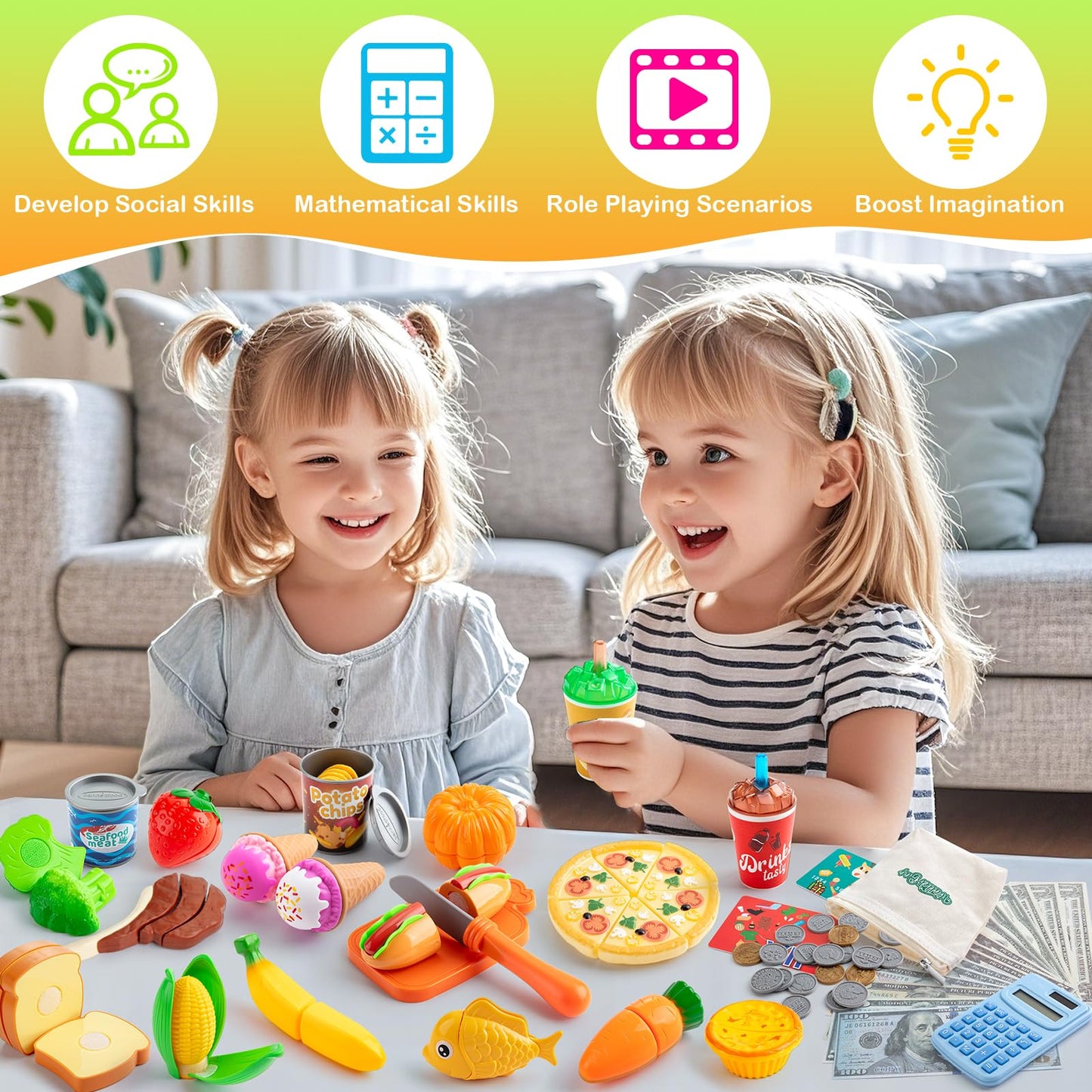 EFO SHM 68-Piece Play Food Set for Kids | Grocery Store Toy Food with Bags & Calculator