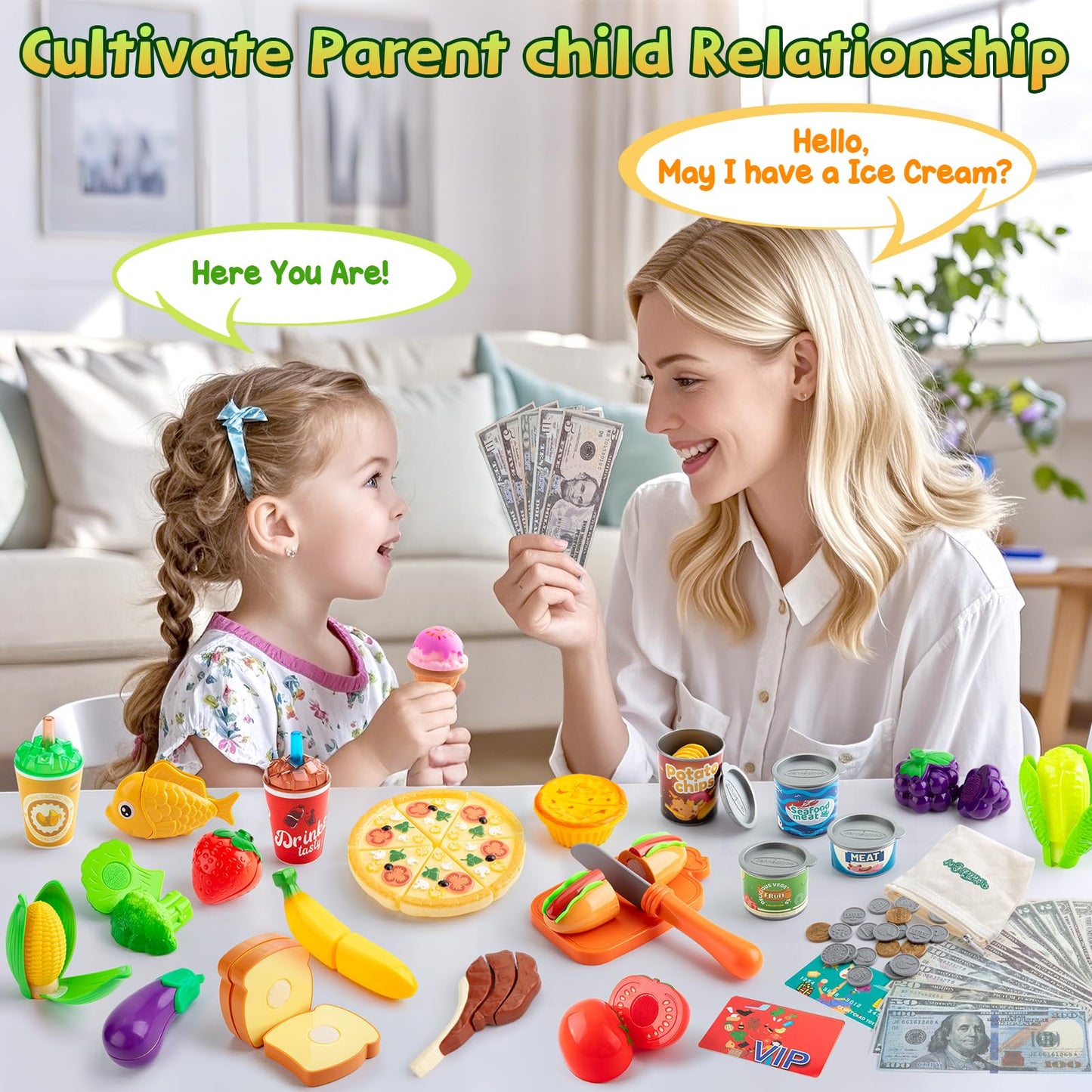 EFO SHM 68-Piece Play Food Set for Kids | Grocery Store Toy Food with Bags & Calculator