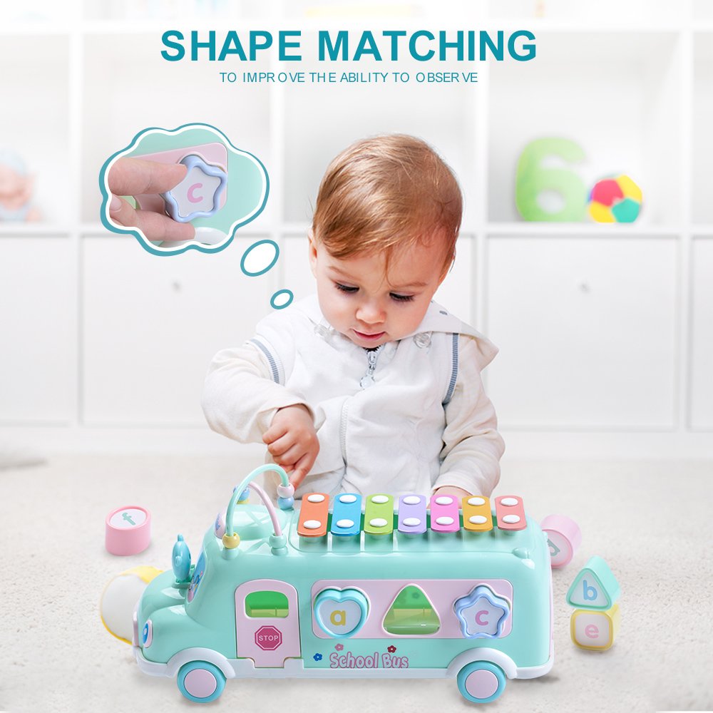 EFOSHM Baby School Bus Xylophone Toy – 5-in-1 Montessori Learning Bus for Toddlers 12-36 Months