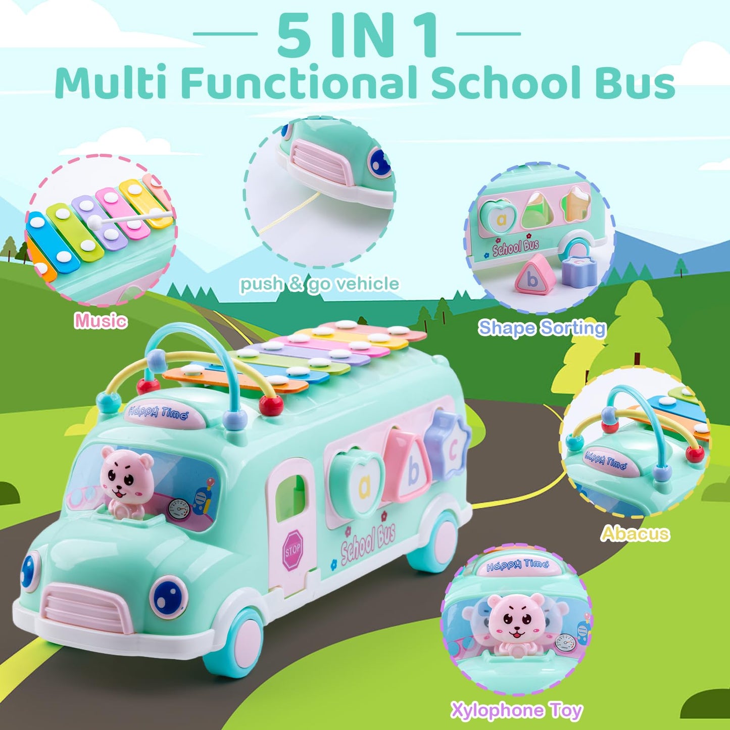 EFOSHM Baby School Bus Xylophone Toy – 5-in-1 Montessori Learning Bus for Toddlers 12-36 Months