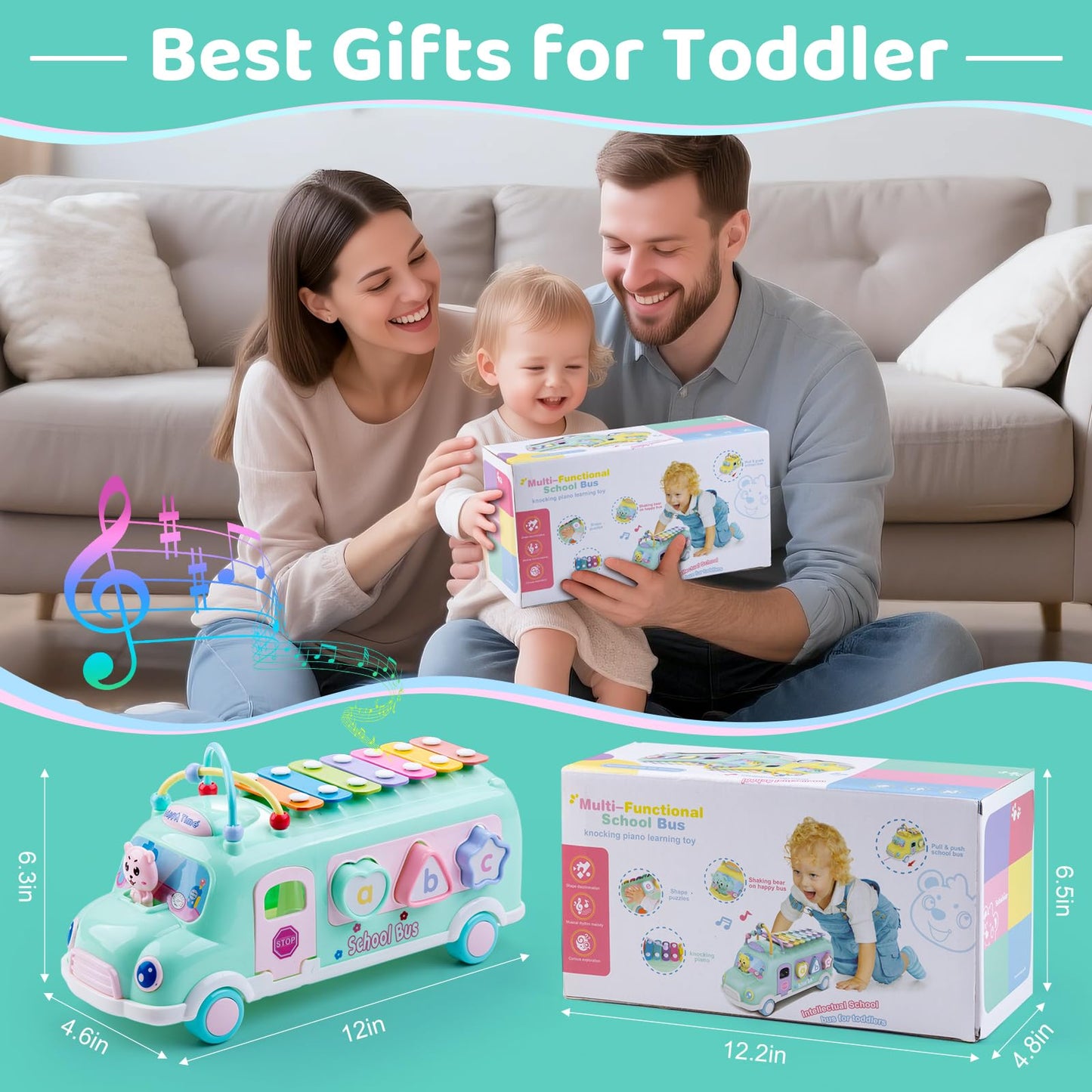 EFOSHM Baby School Bus Xylophone Toy – 5-in-1 Montessori Learning Bus for Toddlers 12-36 Months