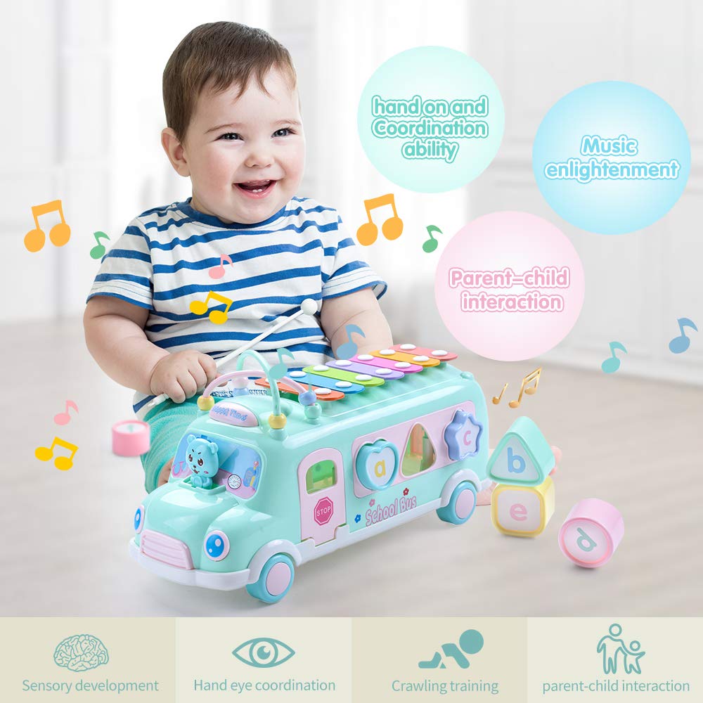 EFOSHM Baby School Bus Xylophone Toy – 5-in-1 Montessori Learning Bus for Toddlers 12-36 Months