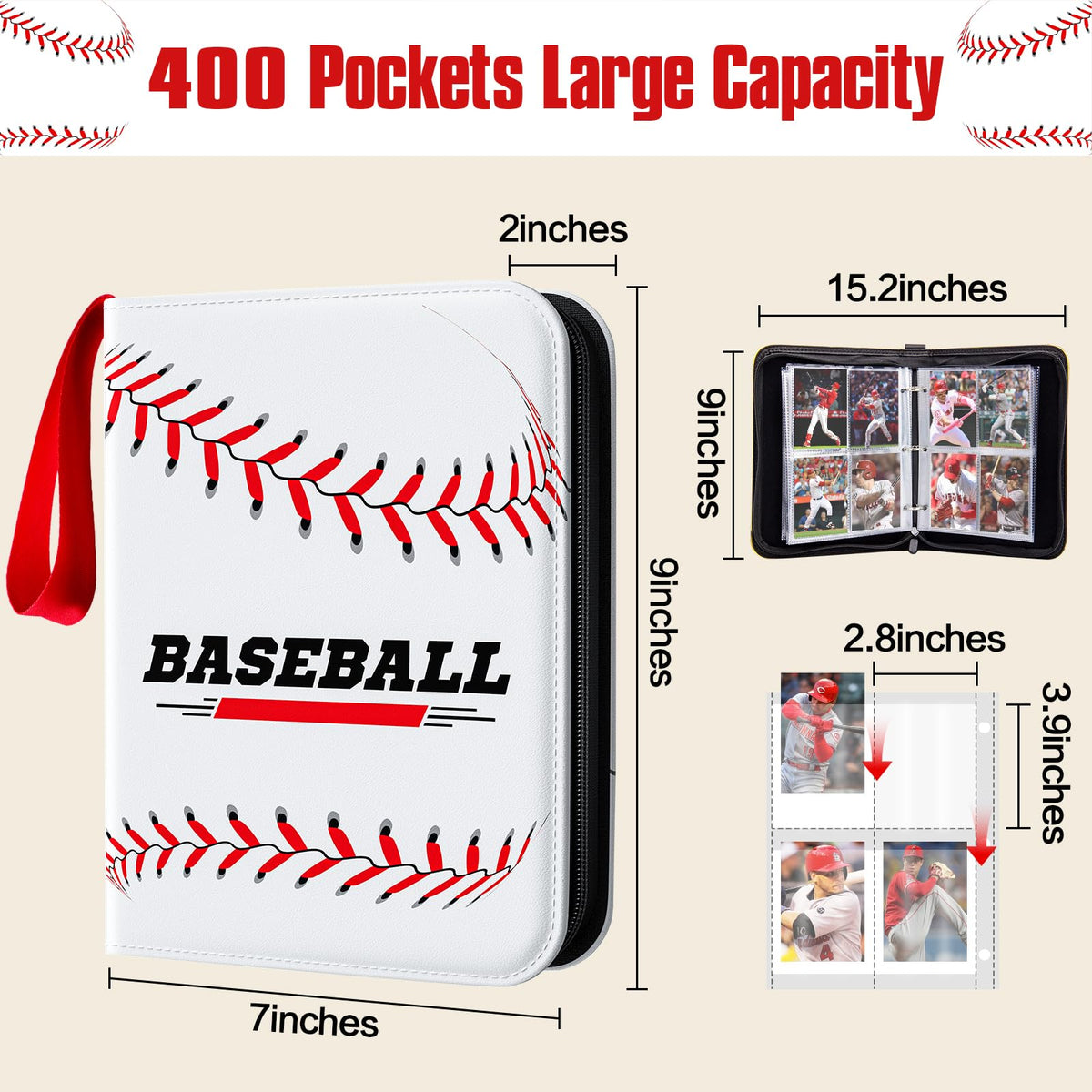 efunny Baseball Card Binder 4-Pocket – Waterproof 400-Card Capacity with 50 Removable Sleeves