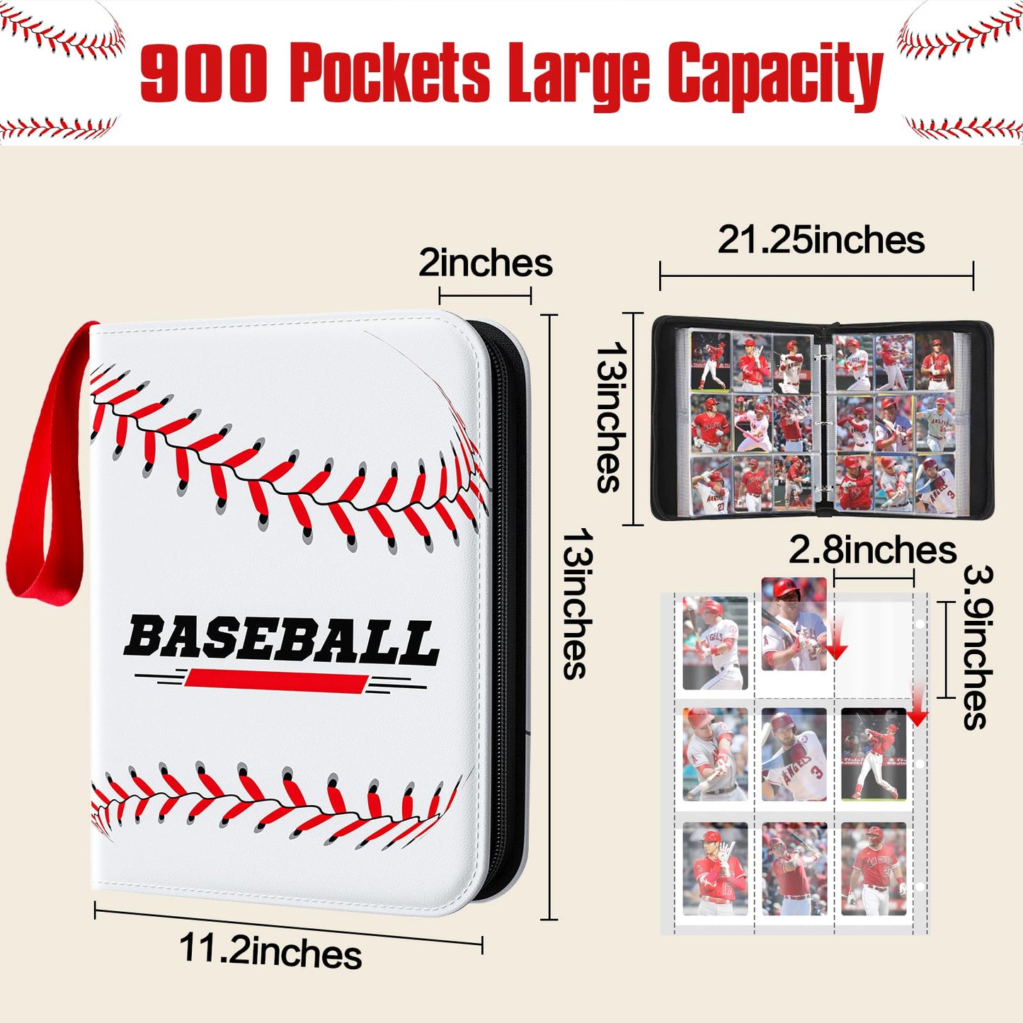 efunny Baseball Card Binder — 9-Pocket, 900-Card Capacity, Waterproof PU Leather Case