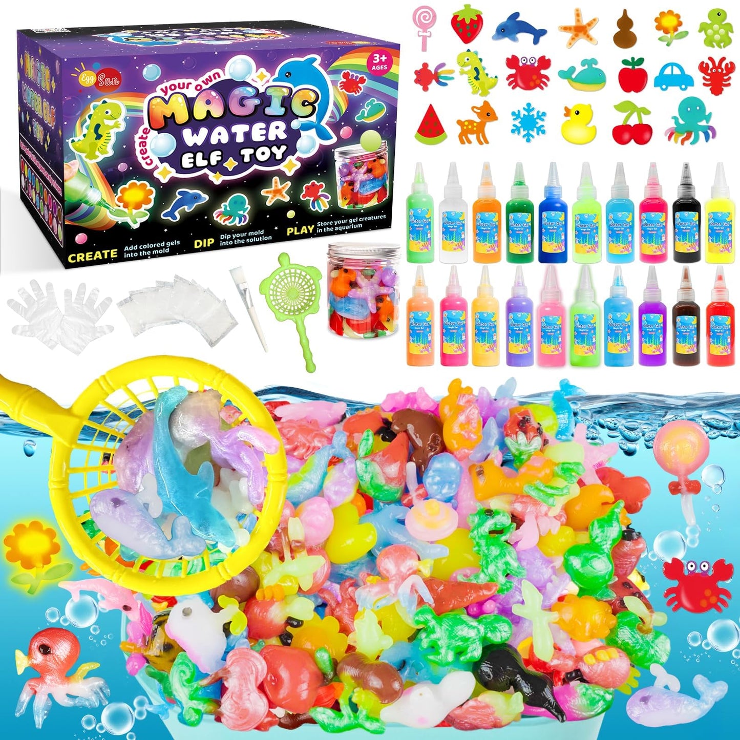 EggSun Magic Water Elf Toy Kit — 20 Molds, 20 Colors Gels, DIY Aqua Fairy Craft for Kids