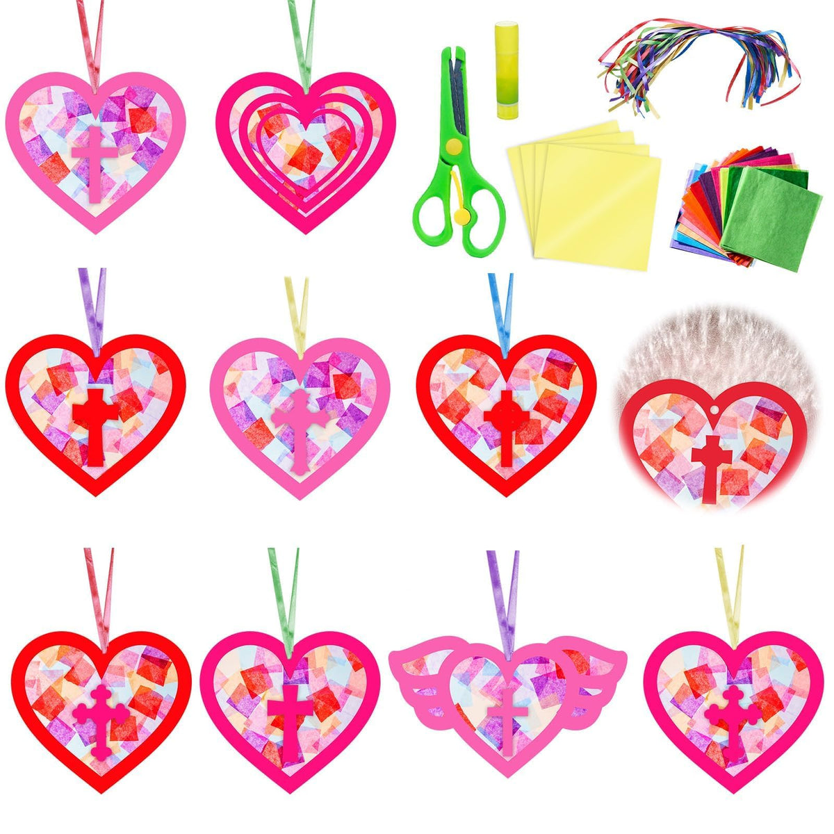 EggSun 36-Set Valentines Religious Suncatchers Craft Kit for Kids — Heart Window Art & Ornaments