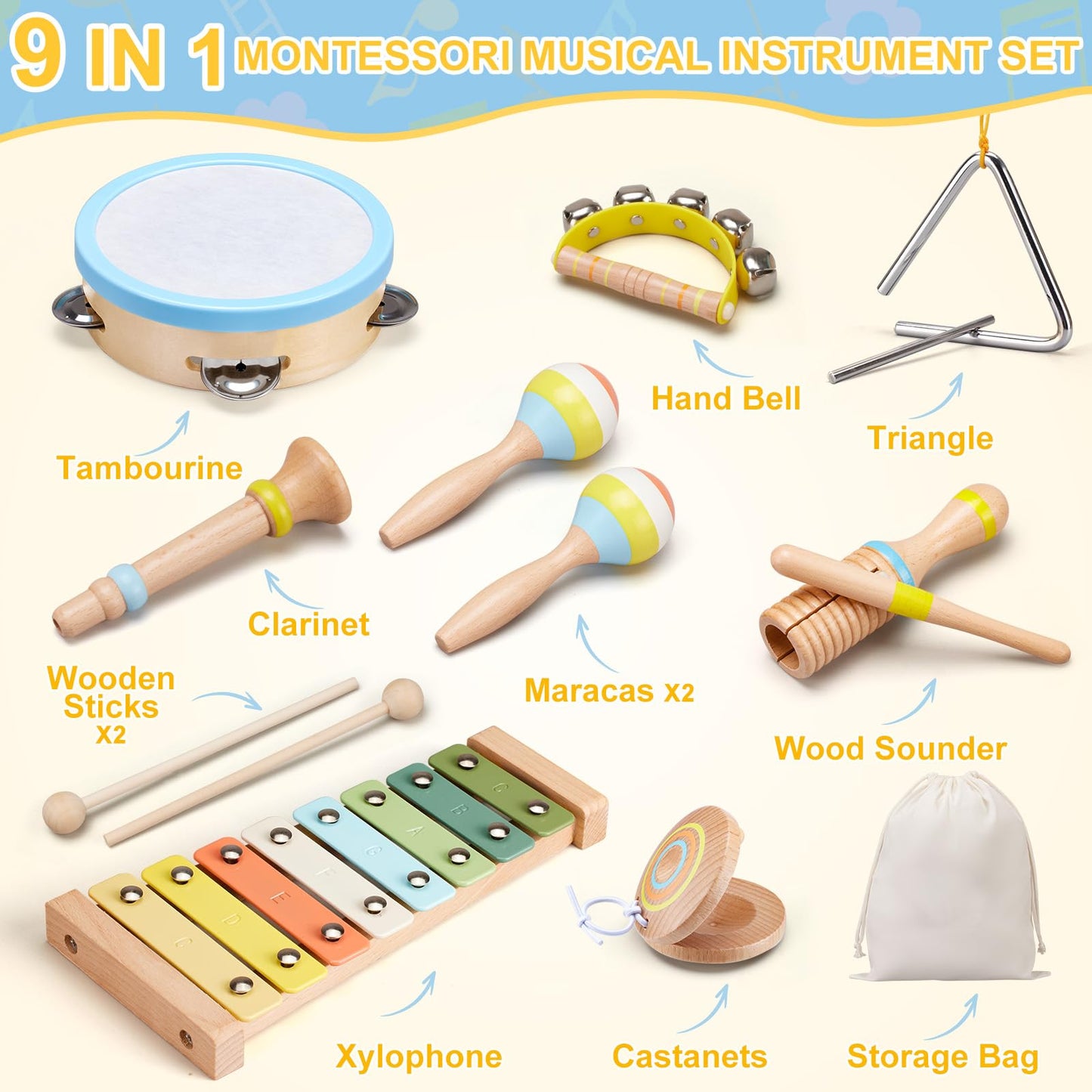 Ehome Baby Musical Instruments Set – Montessori Wooden Music Toys for Toddlers | 9-Piece Beech Wood Kit