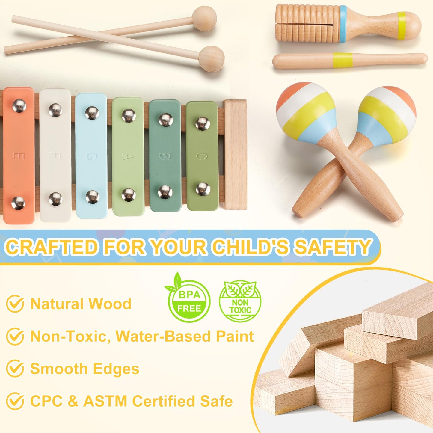 Ehome Baby Musical Instruments Set – Montessori Wooden Music Toys for Toddlers | 9-Piece Beech Wood Kit