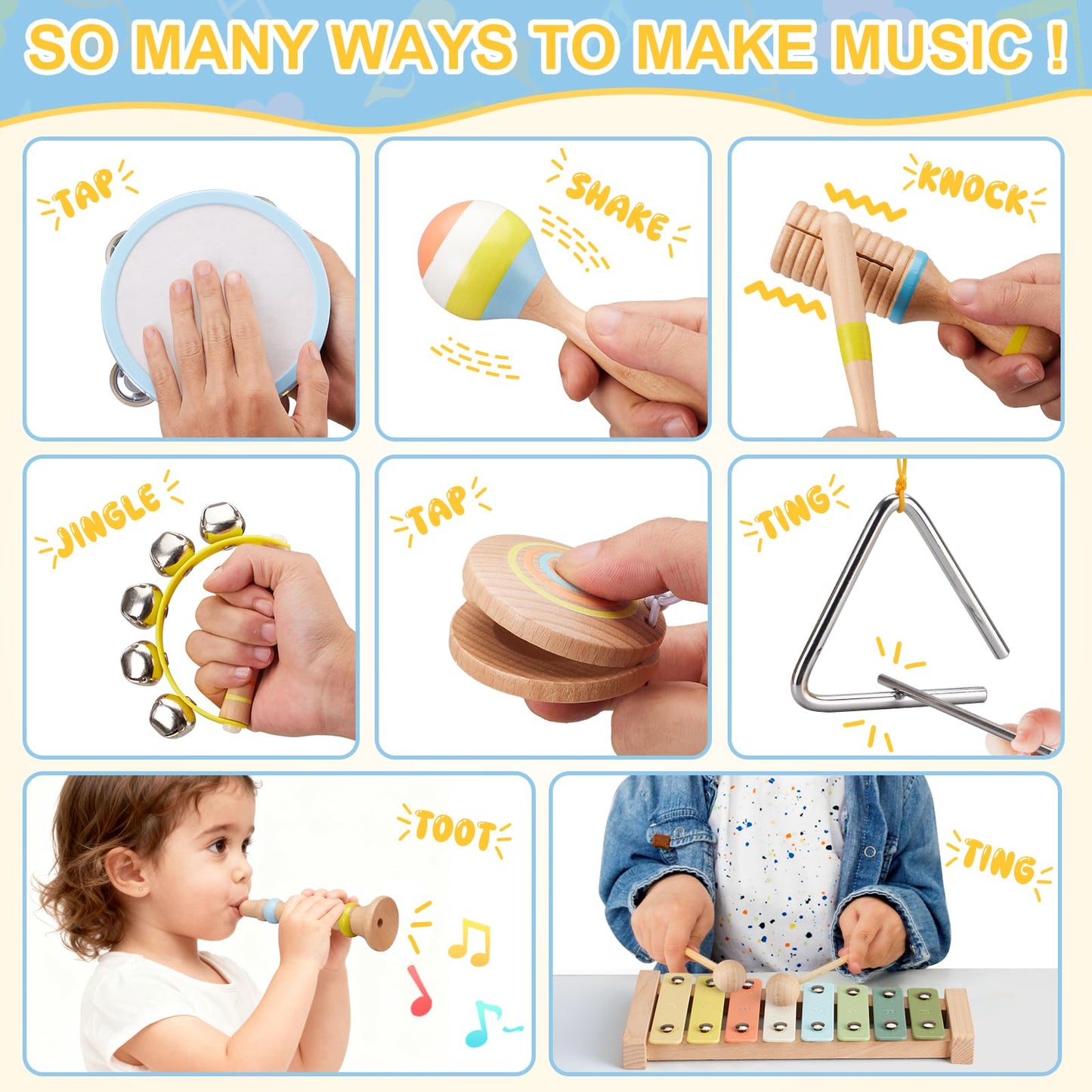 Ehome Baby Musical Instruments Set – Montessori Wooden Music Toys for Toddlers | 9-Piece Beech Wood Kit