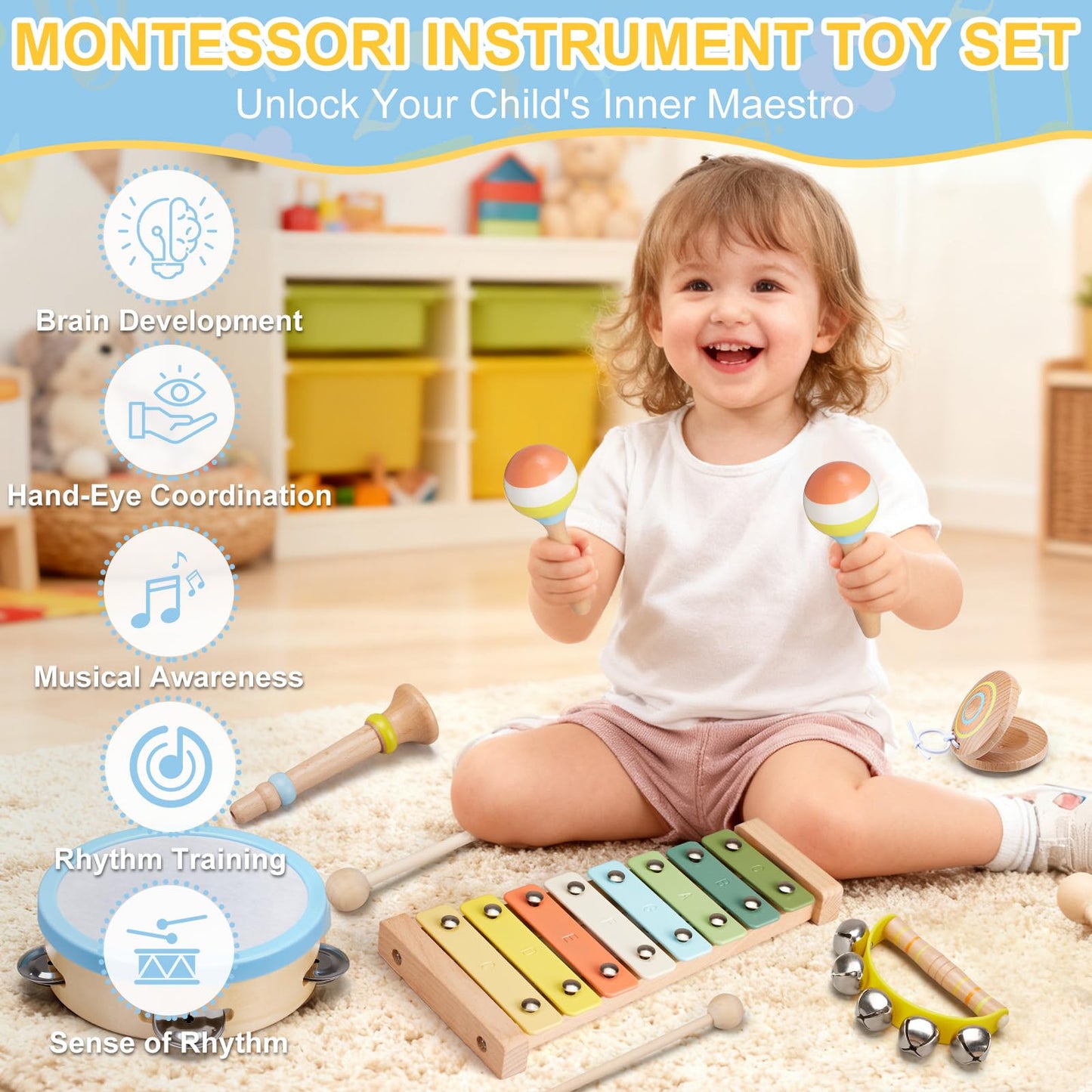 Ehome Baby Musical Instruments Set – Montessori Wooden Music Toys for Toddlers | 9-Piece Beech Wood Kit
