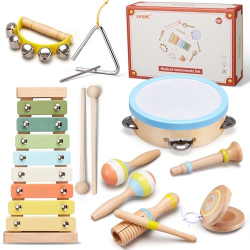 Ehome Baby Musical Instruments Set – Montessori Wooden Music Toys for Toddlers | 9-Piece Beech Wood Kit