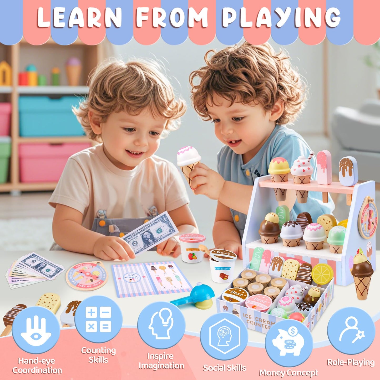 Ehome Wooden Ice Cream Toys Set – Pretend Play Counter with Lucky Wheel (Ages 3-6)