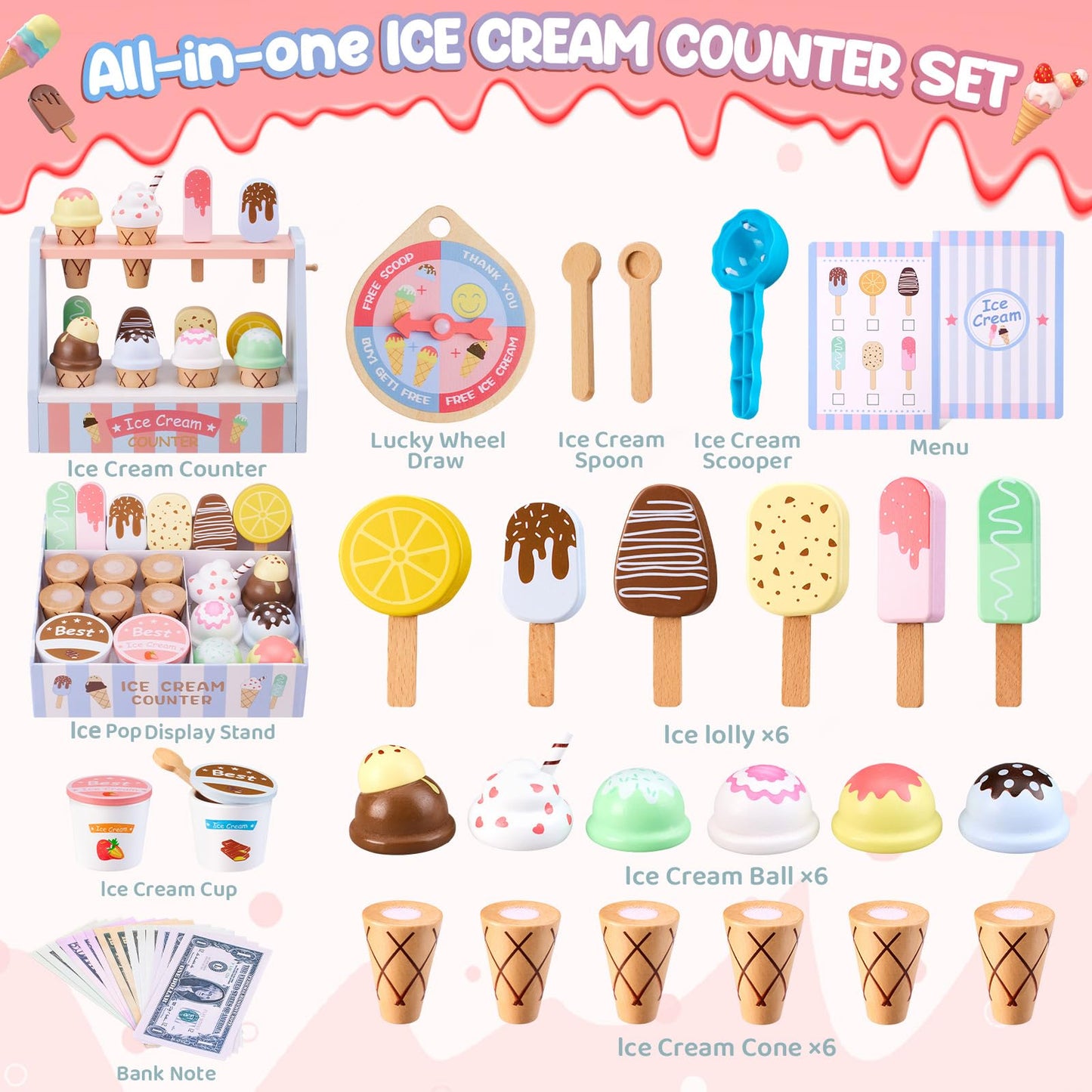 Ehome Wooden Ice Cream Toys Set – Pretend Play Counter with Lucky Wheel (Ages 3-6)