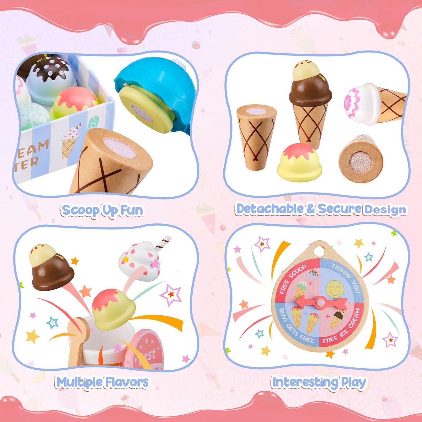 Ehome Wooden Ice Cream Toys Set – Pretend Play Counter with Lucky Wheel (Ages 3-6)