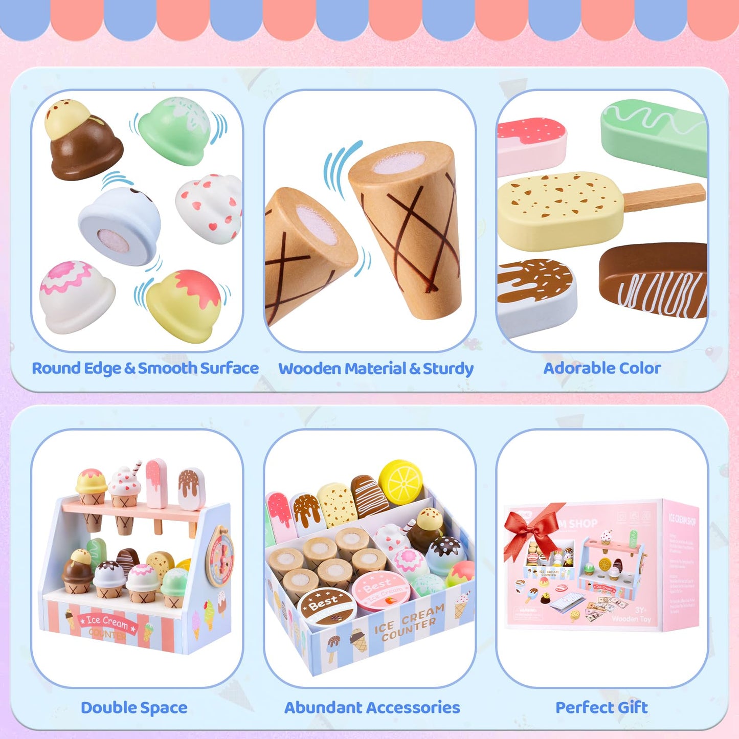 Ehome Wooden Ice Cream Toys Set – Pretend Play Counter with Lucky Wheel (Ages 3-6)