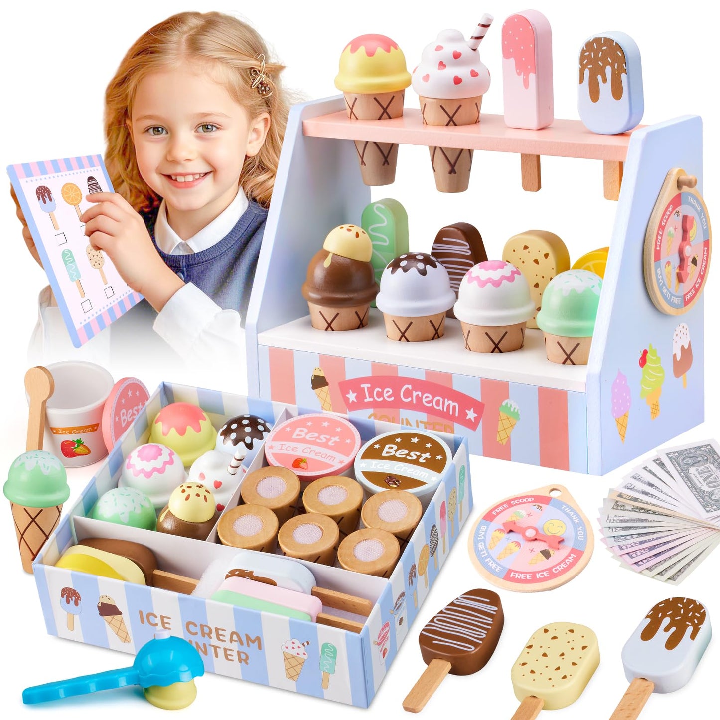 Ehome Wooden Ice Cream Toys Set – Pretend Play Counter with Lucky Wheel (Ages 3-6)