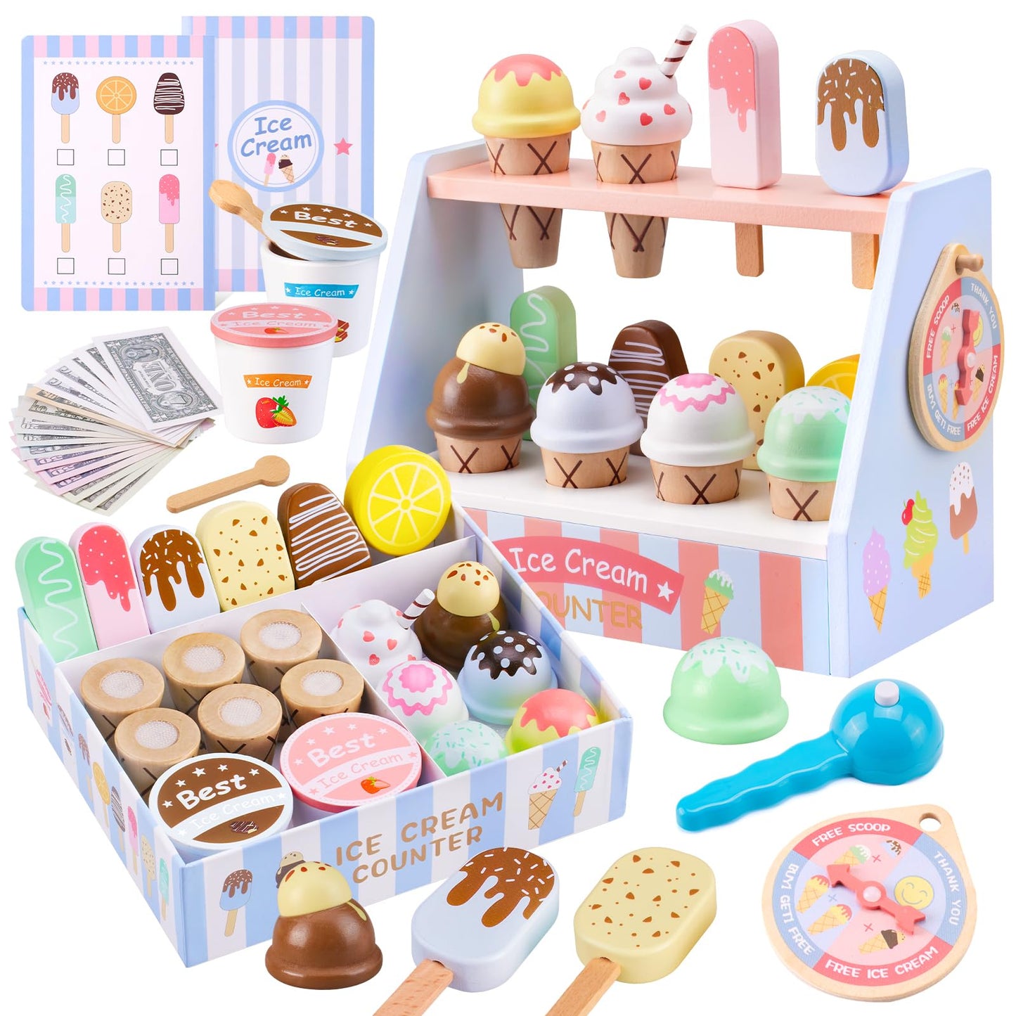 Ehome Wooden Ice Cream Toys Set – Pretend Play Counter with Lucky Wheel (Ages 3-6)