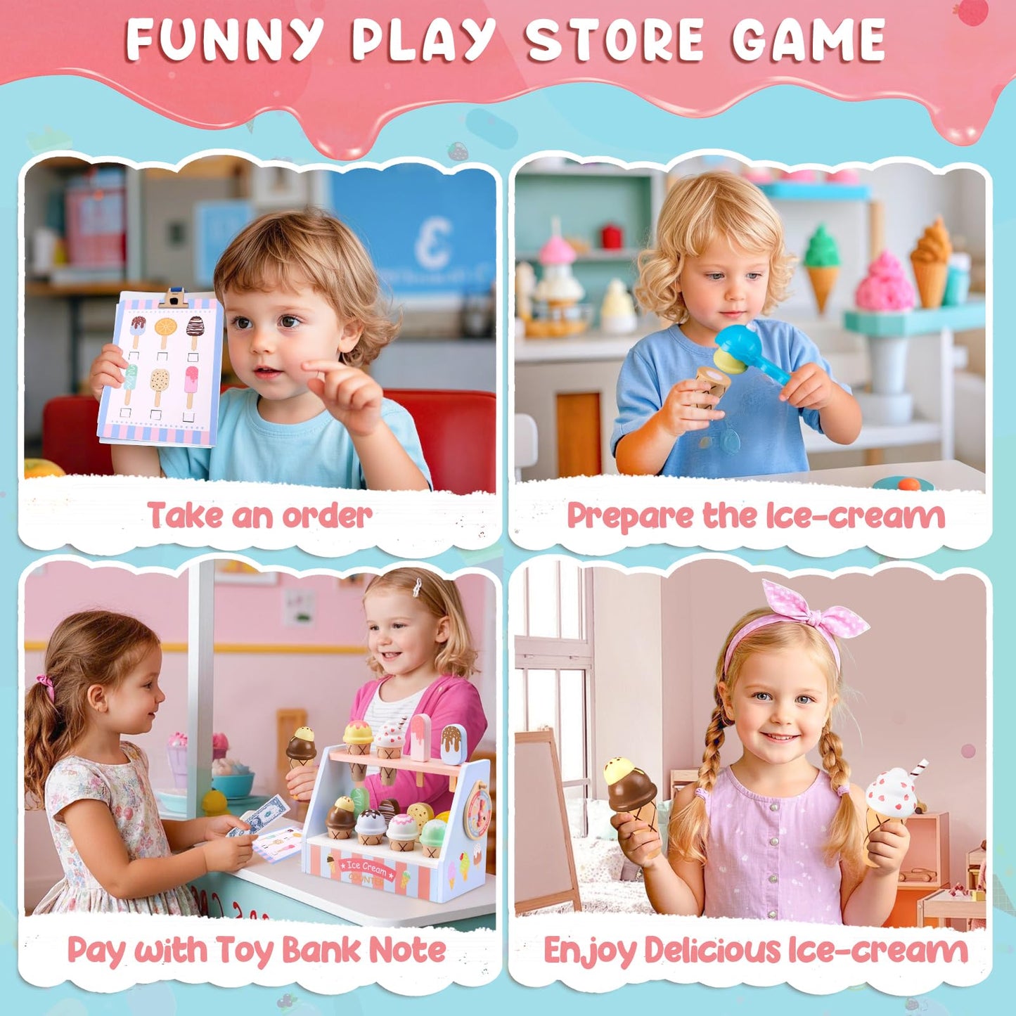 Ehome Wooden Ice Cream Toys Set – Pretend Play Counter with Lucky Wheel (Ages 3-6)