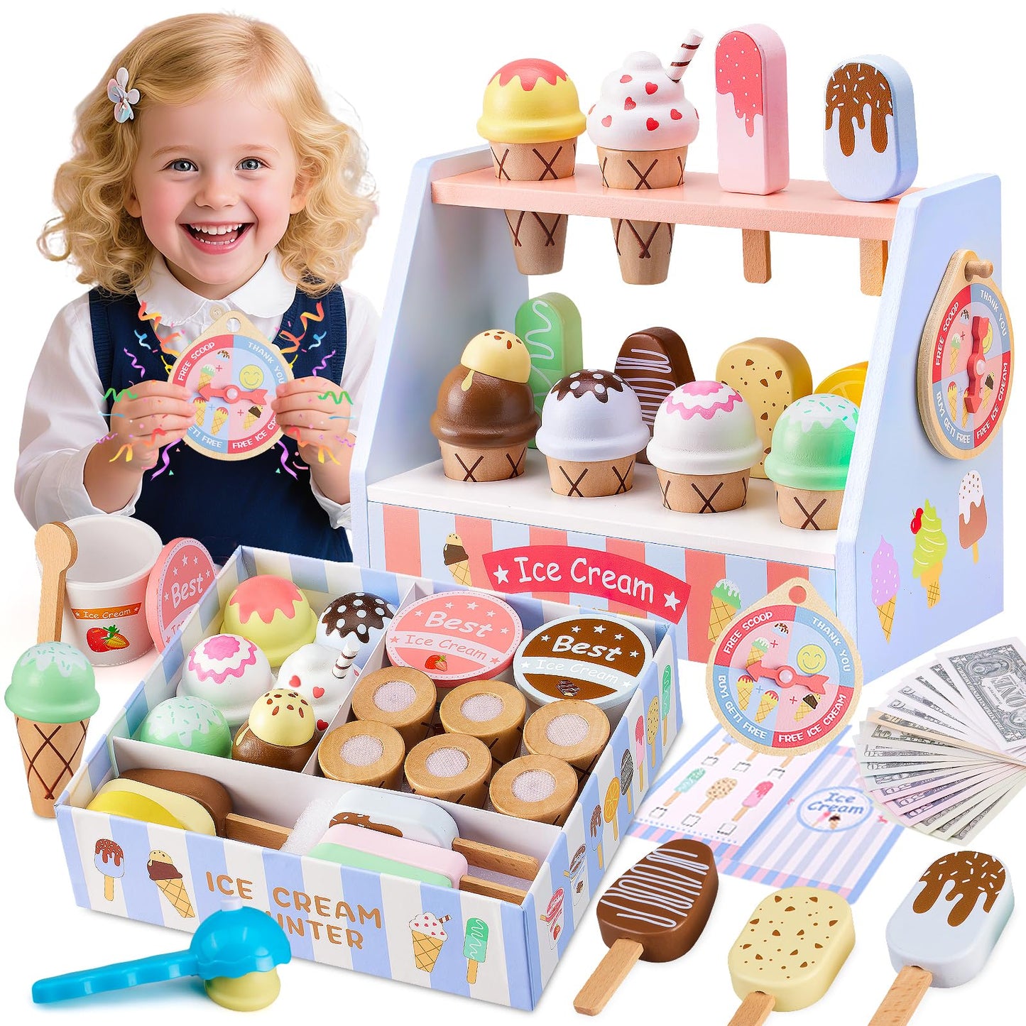 Ehome Wooden Ice Cream Toys Set – Pretend Play Counter with Lucky Wheel (Ages 3-6)