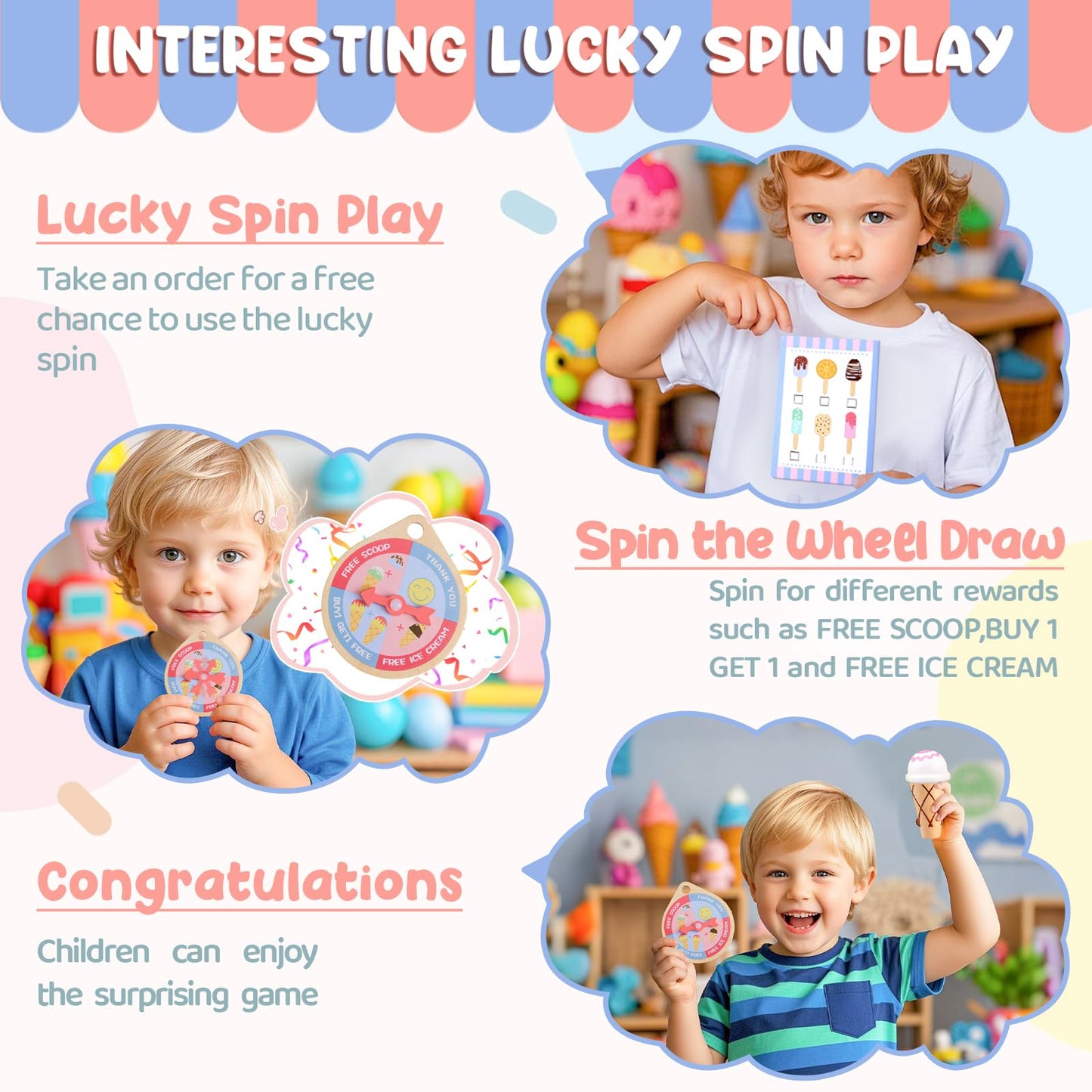 Ehome Wooden Ice Cream Toys Set – Pretend Play Counter with Lucky Wheel (Ages 3-6)
