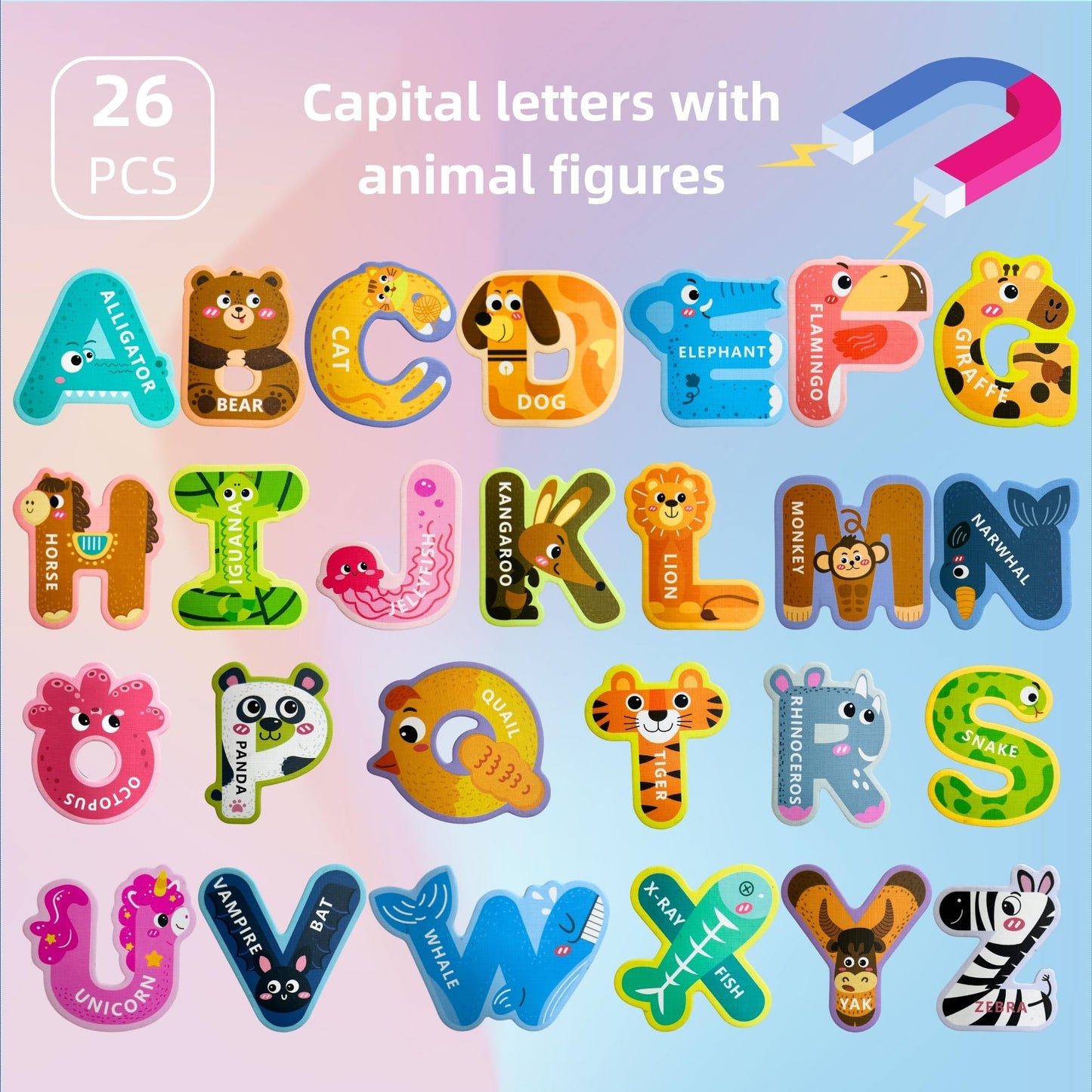 EHR Magnetic Letters – Colorful ABC Animal Alphabet Fridge Magnets for Toddlers (Uppercase Letters)